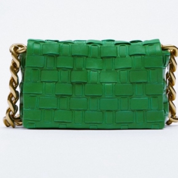 Zara Bags Zara Green Chain Strap Leather Woven Gold Shoulder Bag